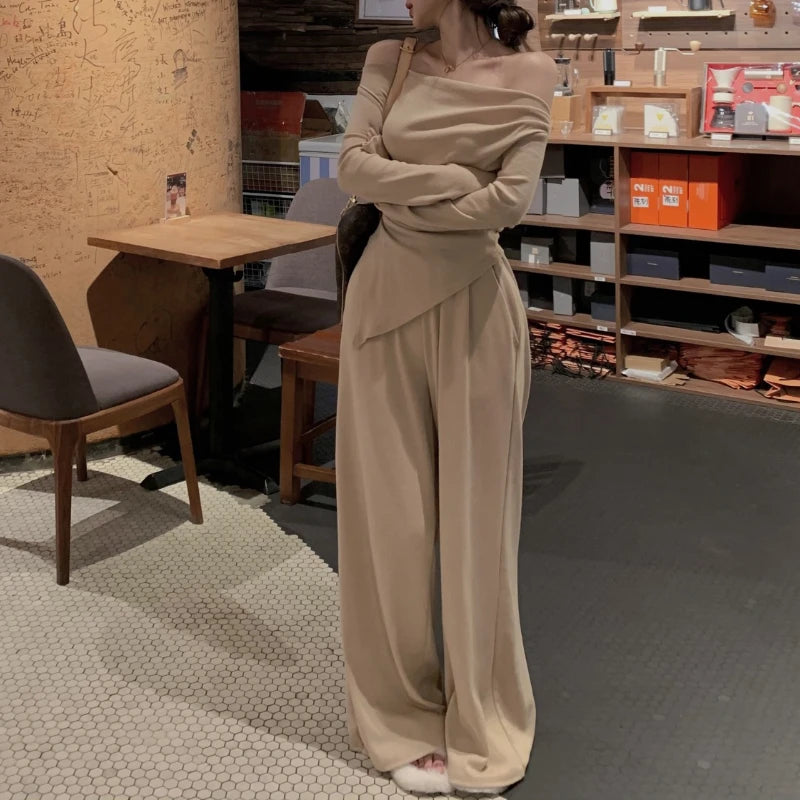 Voguable  Autumn New Streetwear Sexy Backless Irregular Long-sleeved T-shirt Women + Loose Casual Wide-leg Pants Two-piece Suit voguable