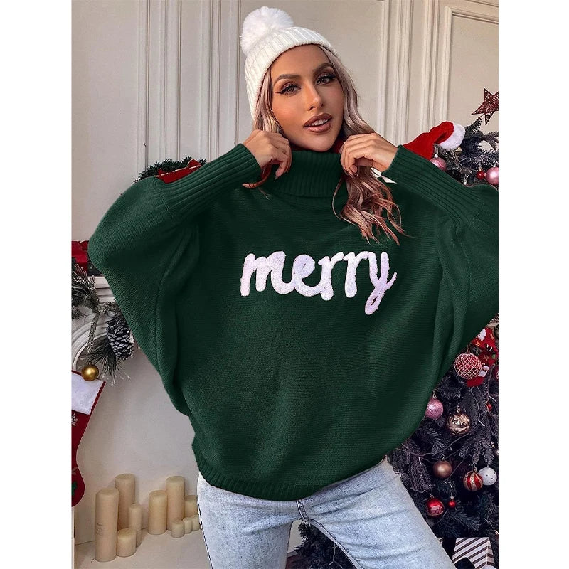 Christmas Turtleneck Sweater Women Elegant Merry Letter Print Long Sleeve Pullovers Female Fashion Autumn Winter Knit Sweaters voguable