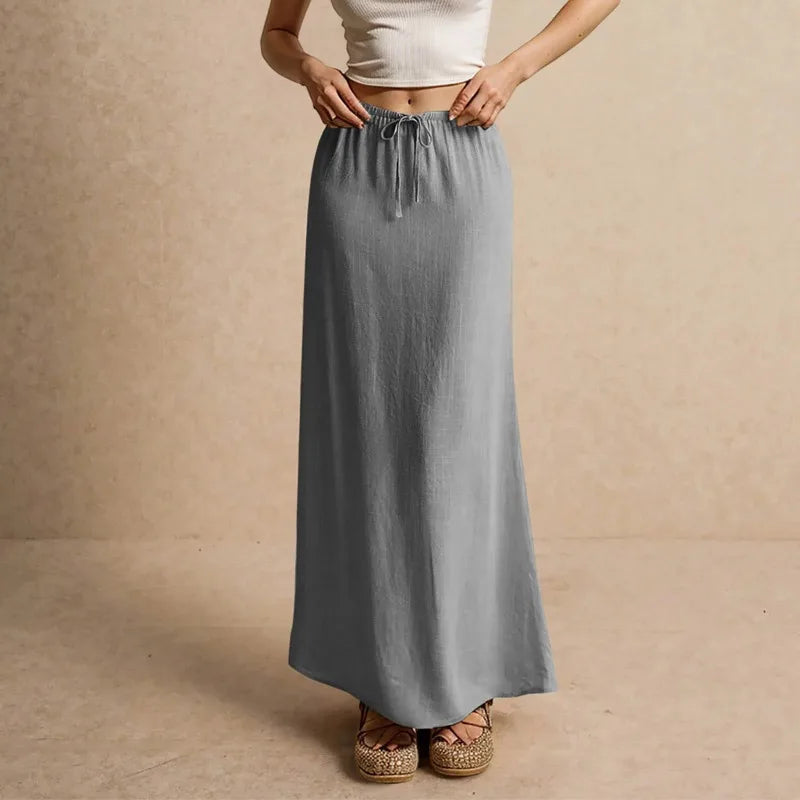 Voguable  Solid Color Straight Drawstring Elastic Waist Casual Ladies Skirt Summer Simple New Versatile Loose Long Skirt for Women voguable
