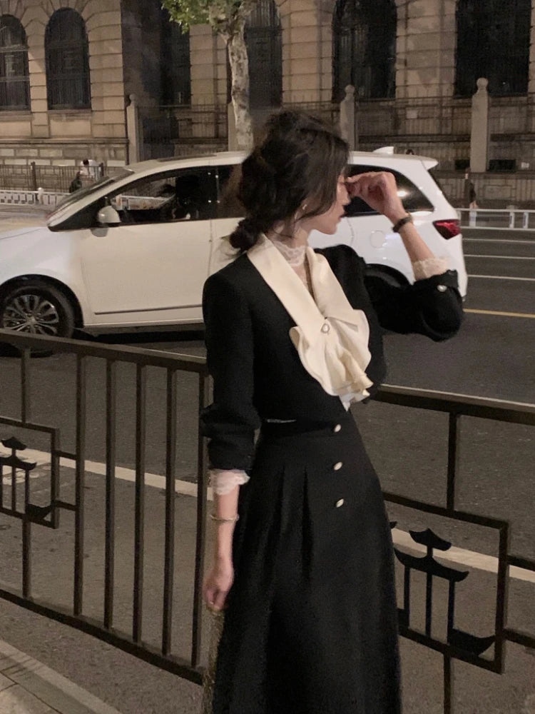 Voguable  Elegant 2 Piece Dress Set Women Long Sleeve Crop Tops + Casual Black Midi Skirt Autumn Slim Retro Office Lady Korean Suits voguable