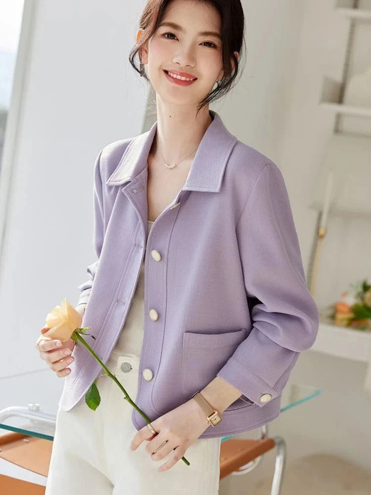 Elegant Slim Purple Jacket Women Sweet Long Sleeve Small Fragrance Coat Casual Fall Winter Lady French Pockets Fashion Tops voguable