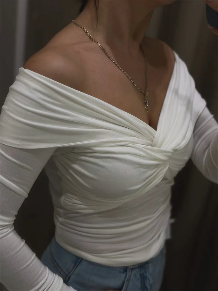 Summer Off-Shoulder Sexy T-shirt Top Women's Pleated Long Sleeve Inner V-Neck White Slim Twist Cropped Pullover Female Tee voguable