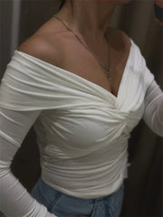 Summer Off-Shoulder Sexy T-shirt Top Women's Pleated Long Sleeve Inner V-Neck White Slim Twist Cropped Pullover Female Tee voguable