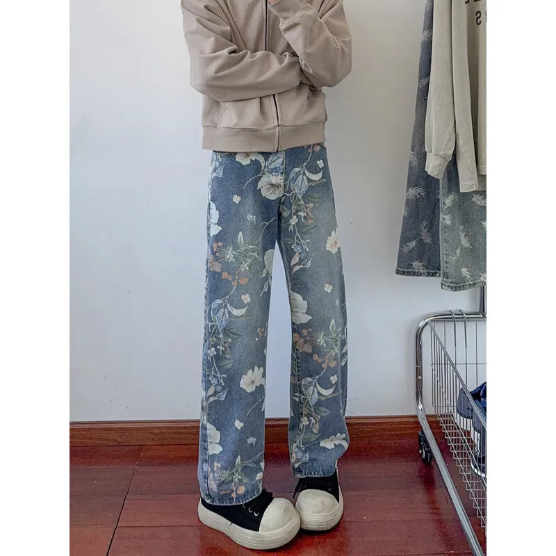 Flower Jeans Men Fashion Retro Printed Jeans Men Streetwear Hip-hop Loose Straight Jeans Men Baggy Vintage Denim Trousers voguable