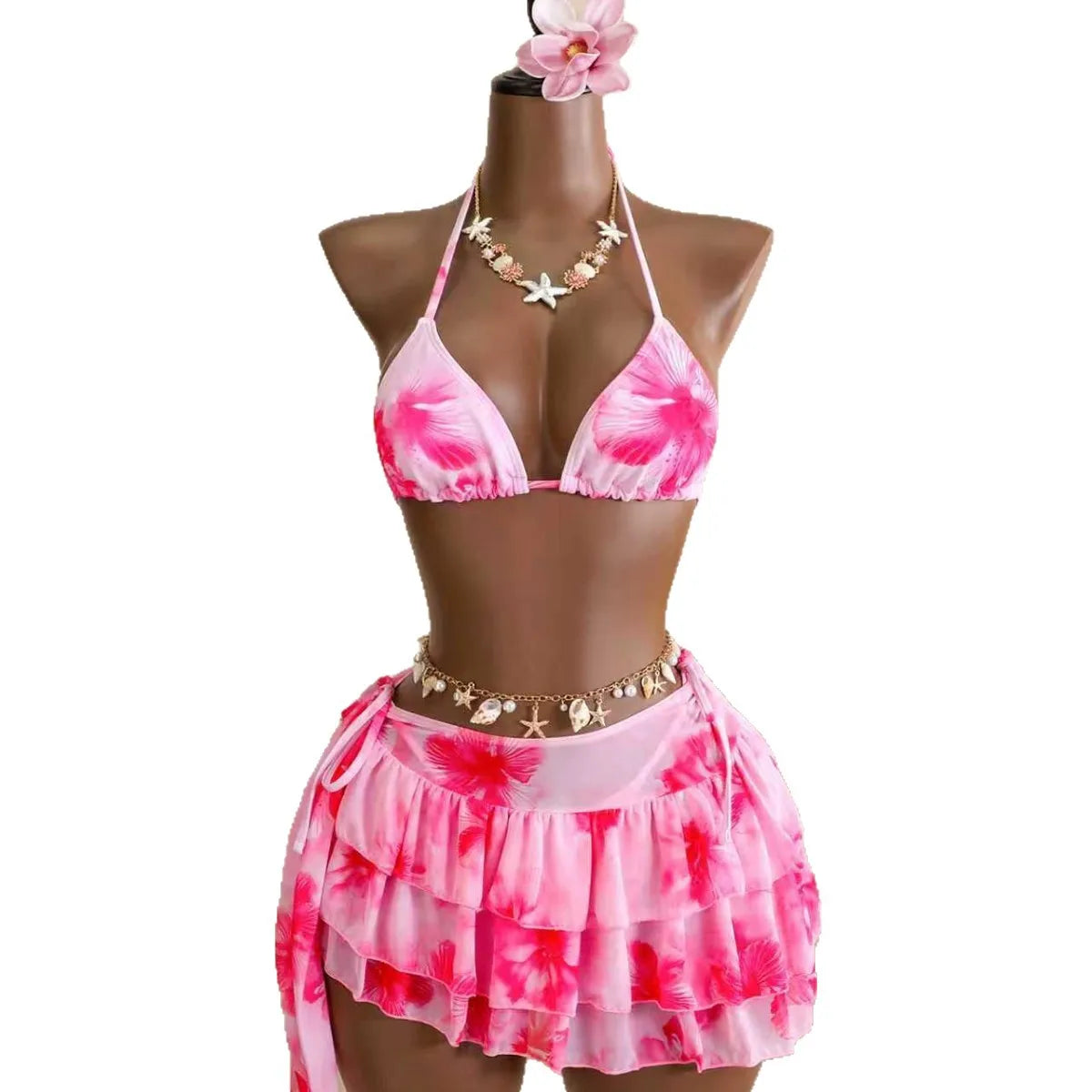Voguable  Women 3 Piece Hibiscus Print Bikini Set with Mesh Ruffle Skirt Halter Triangle Top Beachwear Backless Swimwears Bathing Suits voguable