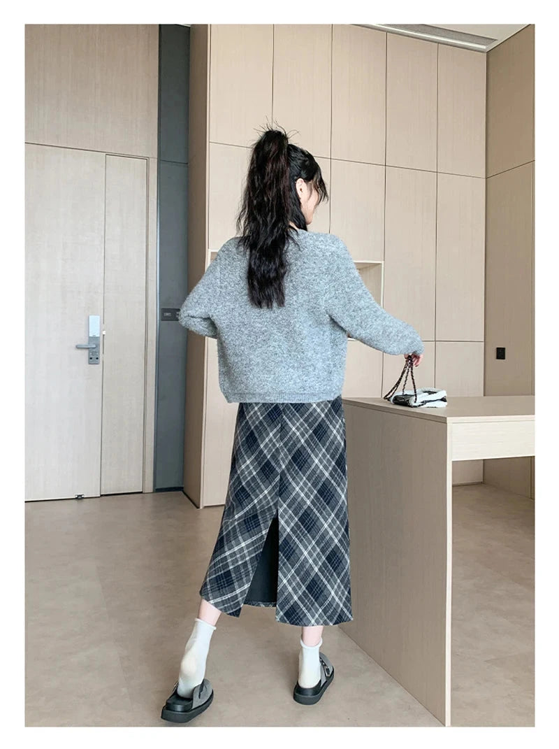 Faux Woolen Plaid Long Skirt Women Vintage Slim High Waist Back Slit Belt Skirts Korean Fall Winter Elegant Long Skirts New voguable
