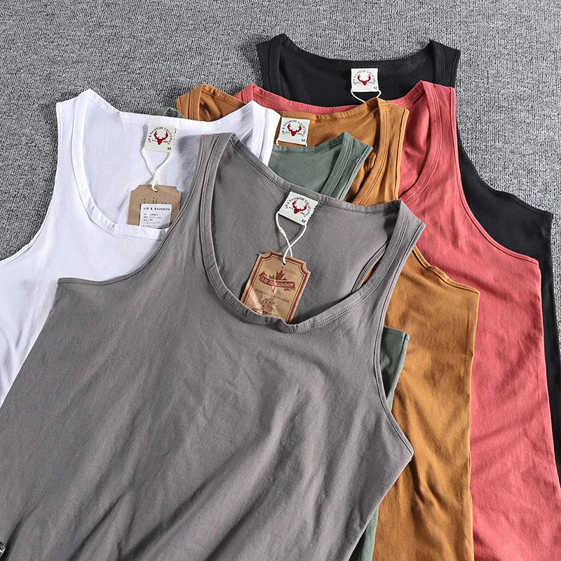 Voguable  Summer New American Retro Sleeveless O-neck Soild Sleeve T-shirt Men's Fashion 100% Cotton Washed Old Casual Sports Vest Tops voguable