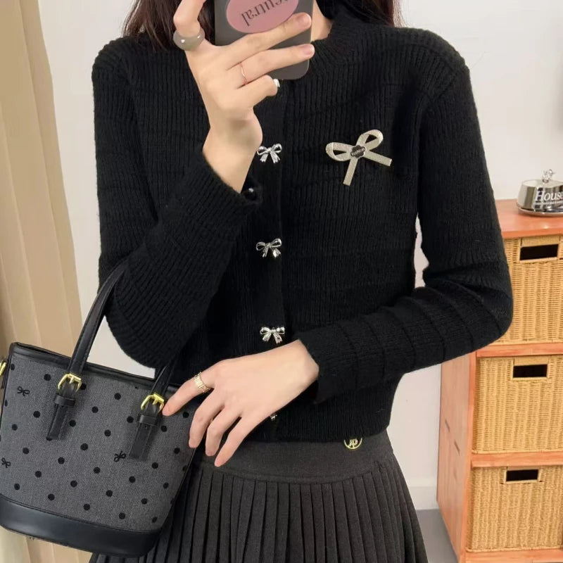 Ribbon Button Up Knit Cardigan Sweater for Women Long Sleeve Button Front Sweater Jacket Teen-girl Y2K Cute Outfit voguable