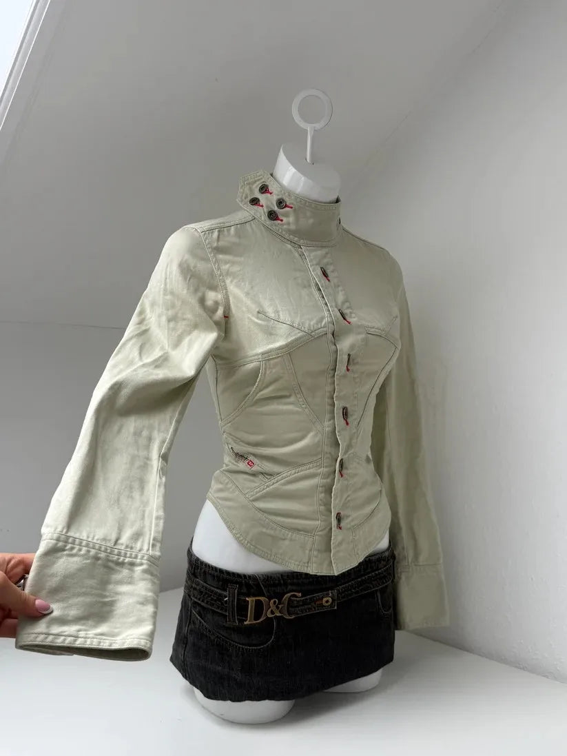Voguable  Retro Gothic Light Khaki Stand Up Collar Jacket for Women American Red Contrasting Button Slim Fit Drawstring Long Sleeved Top voguable