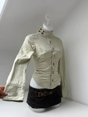 Voguable  Retro Gothic Light Khaki Stand Up Collar Jacket for Women American Red Contrasting Button Slim Fit Drawstring Long Sleeved Top voguable
