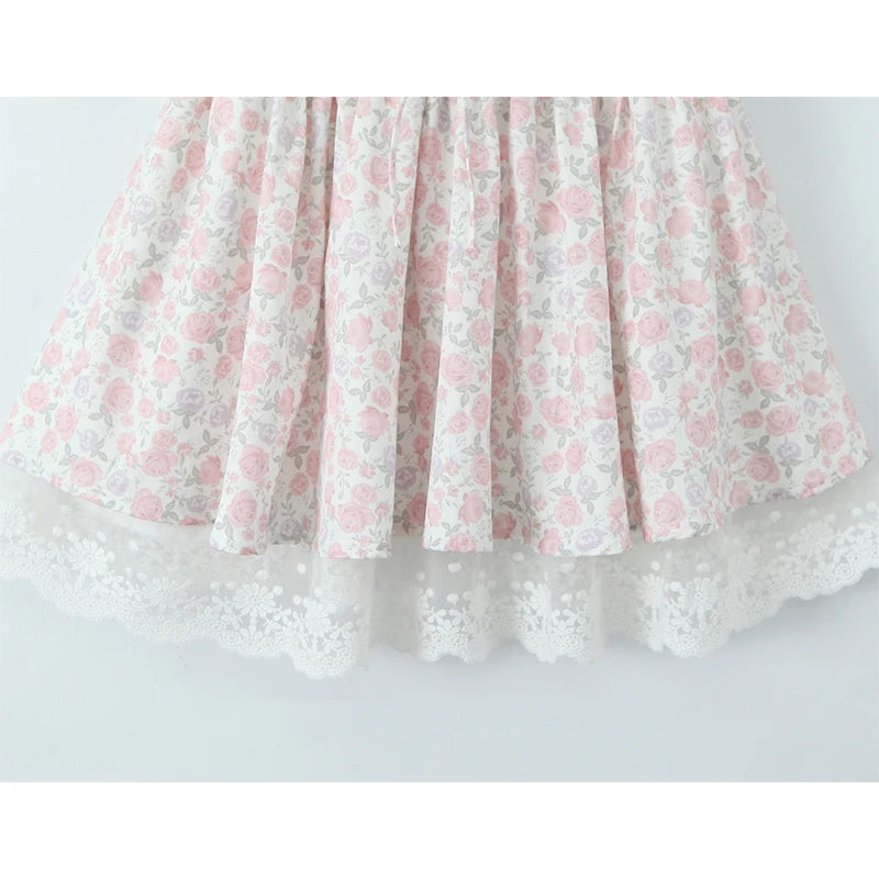 Elegant Women Floral Print Princess Sling Mini Dress Front Bandage Lace Patchwork A-line Summer Dress Holiday Party Robe voguable