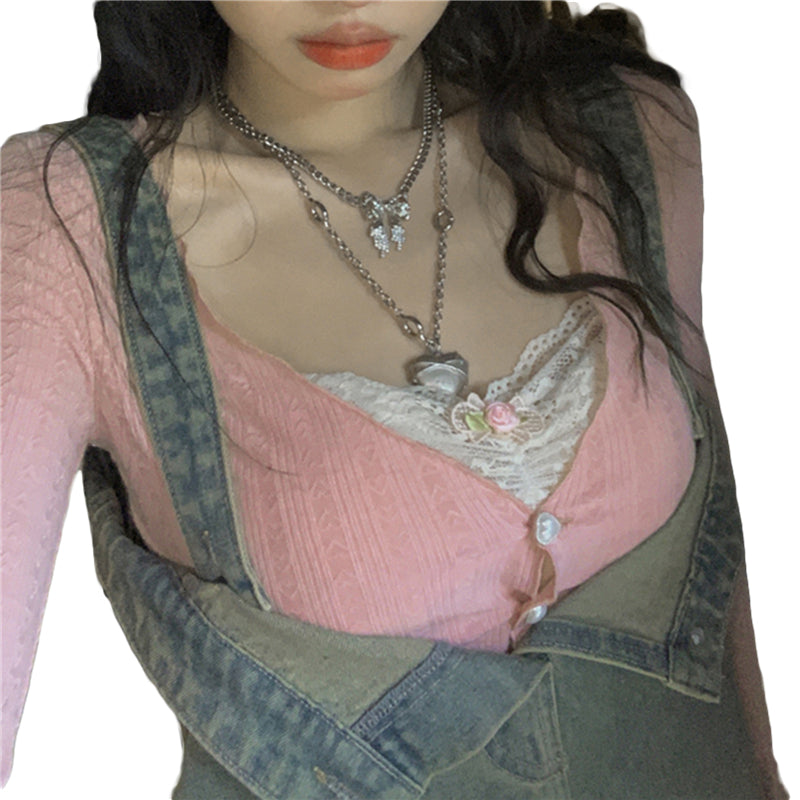 y2k Crop Top Sweet Aesthetic Clothes Women Lace Patchwork Long Sleeve T Shirt with Bow Decor 2000s Clothing Streetwear voguable