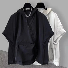 Voguable  Trendy Zip-Up Hooded Short Sleeve Men's T-Shirt Korean Style Loose Fit Large Pocket Summer Casual Tops voguable