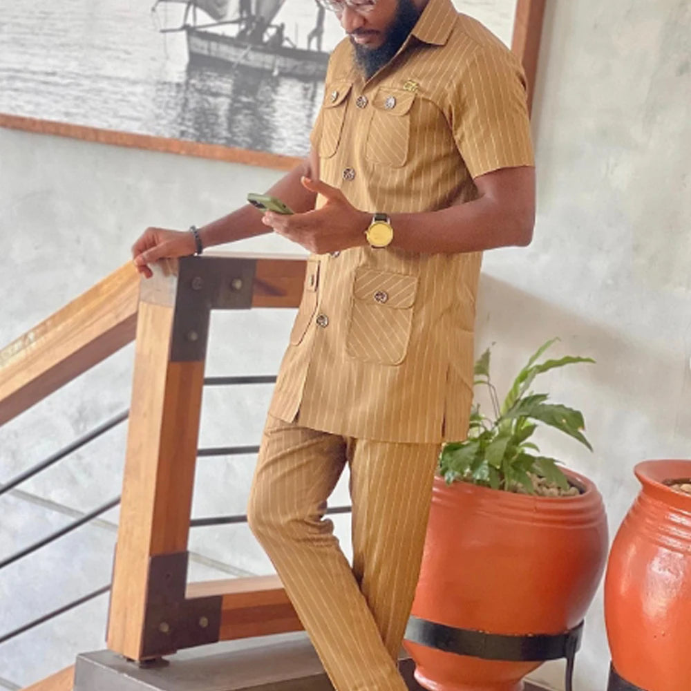 Voguabl 2024 Summer Short Sleeve Tops Pockets Pants Single Breasted Tuxedo 2PCS Men's SetsAfrican Ethnic Casual Kaunda Suit Wedding Wear voguable