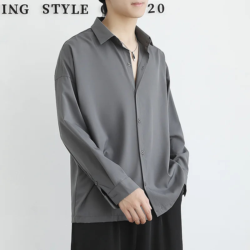 Voguable  Loose Ice Silk Drooping Shirt Men's Long-sleeved Autumn Trendy Handsome Jacket Casual voguable