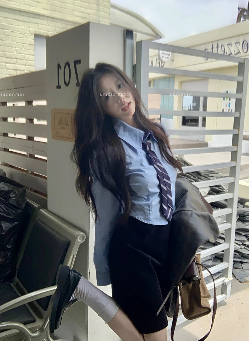 Streetwear Tie Shirts Women Preppy Jk White Long Sleeve Crop Tops Student Korean College Slim Blouses Spring Autumn New voguable