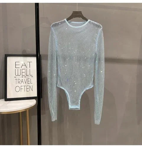 Voguable  Sexy Mesh Hollowed Out Jumpsuit T-shirt Rhinestone Round Neck Tight See-through One-piece Bottoming Shirt Ms voguable
