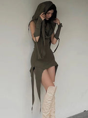 Voguable Grunge Fairycore Hooded Dresses Matching Sleeve Gloves Fashion Vintage Irregular Mini Dress Women Club Party Outfits voguable