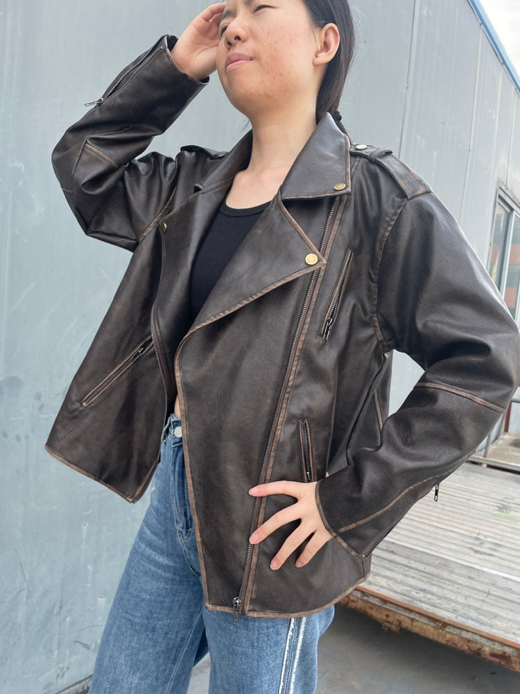 Streetwear Worn Effect Bike Leather Jackets For Women Oversized Boyfriend PU Leather Jacket Women Loose Zipper Brown Coat voguable