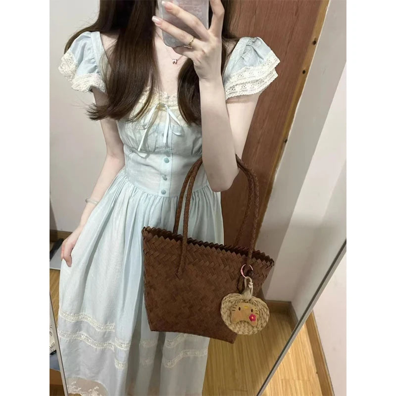 Voguable  Summer Sweet Fly Sleeve Blue Bownot Fairy Dress Slim French Style Patchwork Lace Dress A-line Women Casual Dress voguable