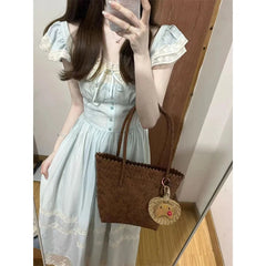 Voguable  Summer Sweet Fly Sleeve Blue Bownot Fairy Dress Slim French Style Patchwork Lace Dress A-line Women Casual Dress voguable