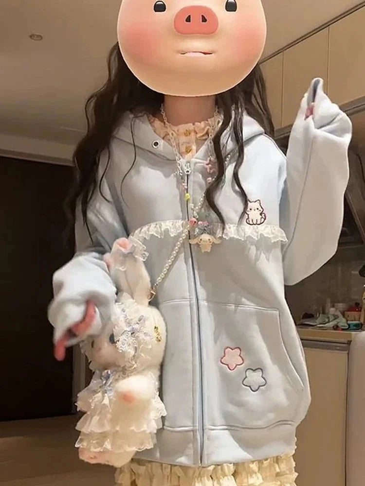 Women Cute Cartoon Hoodies Vintage Lace Patchwork Loose Sweet Sweatshirts Fall Preppy Style Japan Pockets Lady Kawaii Tops voguable
