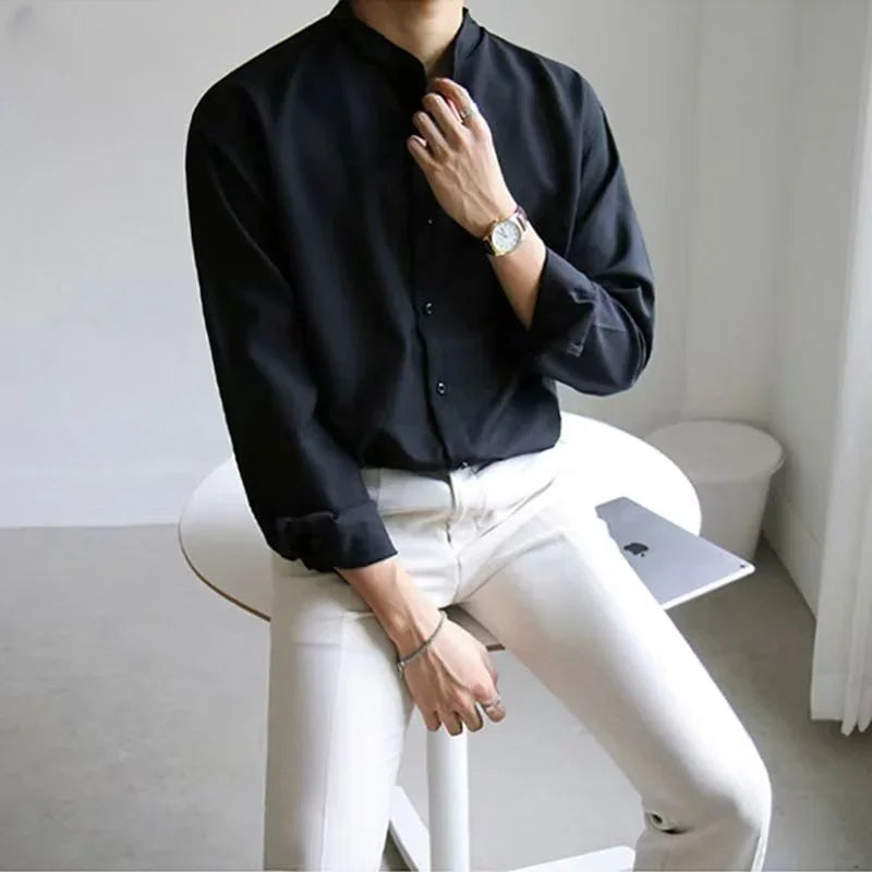 Men Spring Autumn Fashion Stand Collar Solid Shirts Men Long Sleeve Business Casual Shirts Male New Loose Blouses voguable