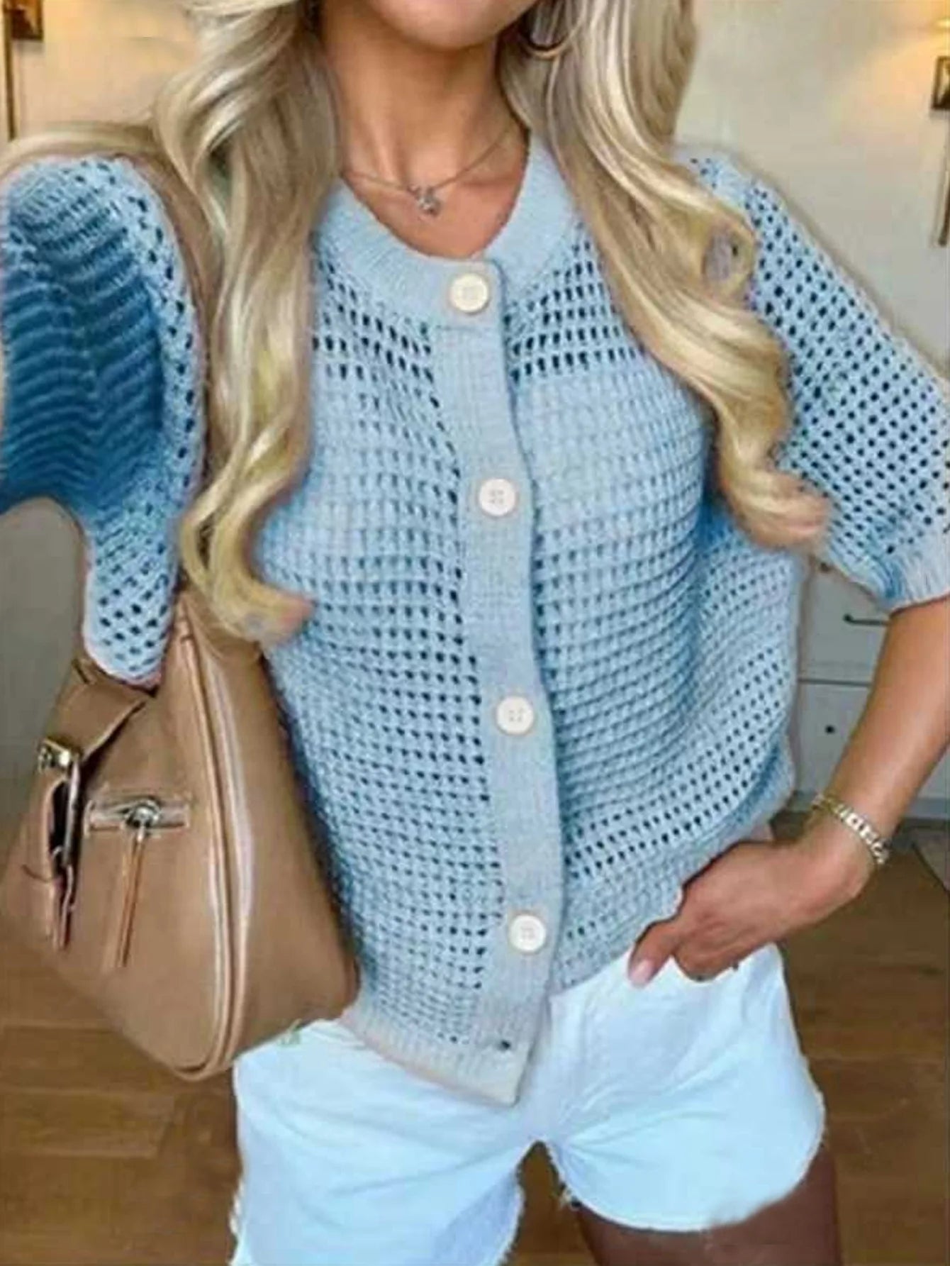 Voguable  Korean Fashion Hollowed Out Round Neck Casual Short Sleeved Cardigan Summer New Solid Color Elegant Women's Knitted Tops voguable