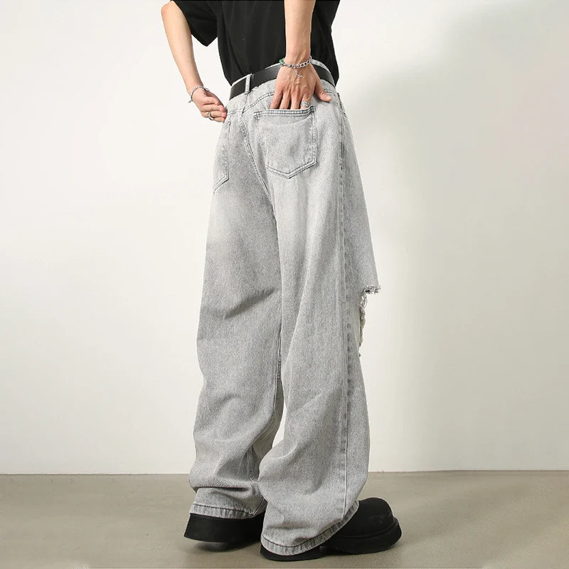Voguable Ripped Jeans Men High Street Male Hip Hop Distressed Denim Wide Leg Pants Casual Trousers Vintage Streetwear Loose voguable