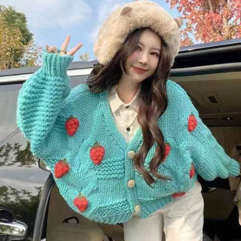 Autumn Winter Strawberry Knitting Women Cardigan Y2K Fashion Loose Long Sleeve Thicken Warm Sweater Korean Chic Preppy Sweater voguable