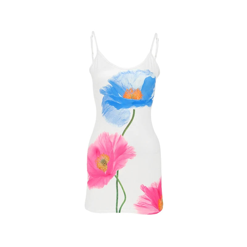 Sexy Mini Dress Women Summer New White Fashion O-Neck Streetwear Print Sleeveless Dress Strap Backless Casual Slim Elegant Dress voguable