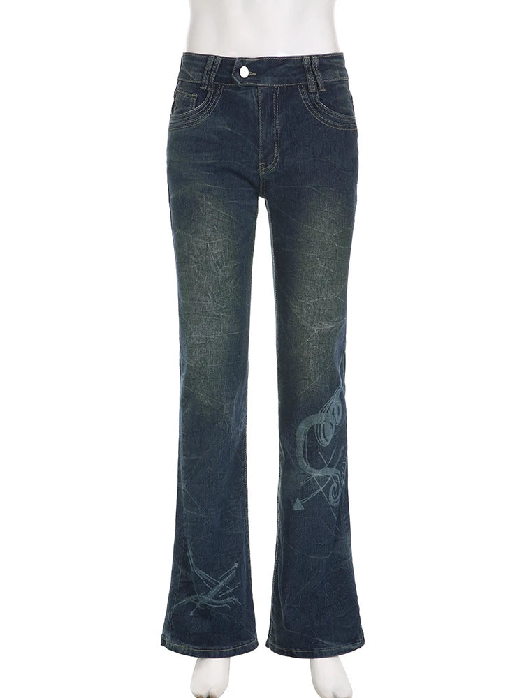 Voguable Y2K Low Rise Flare Jeans for Woman Streetwear Aesthetic Print Jean Pants Vintage Washed Denim Trouser Grunge Fairycore voguable