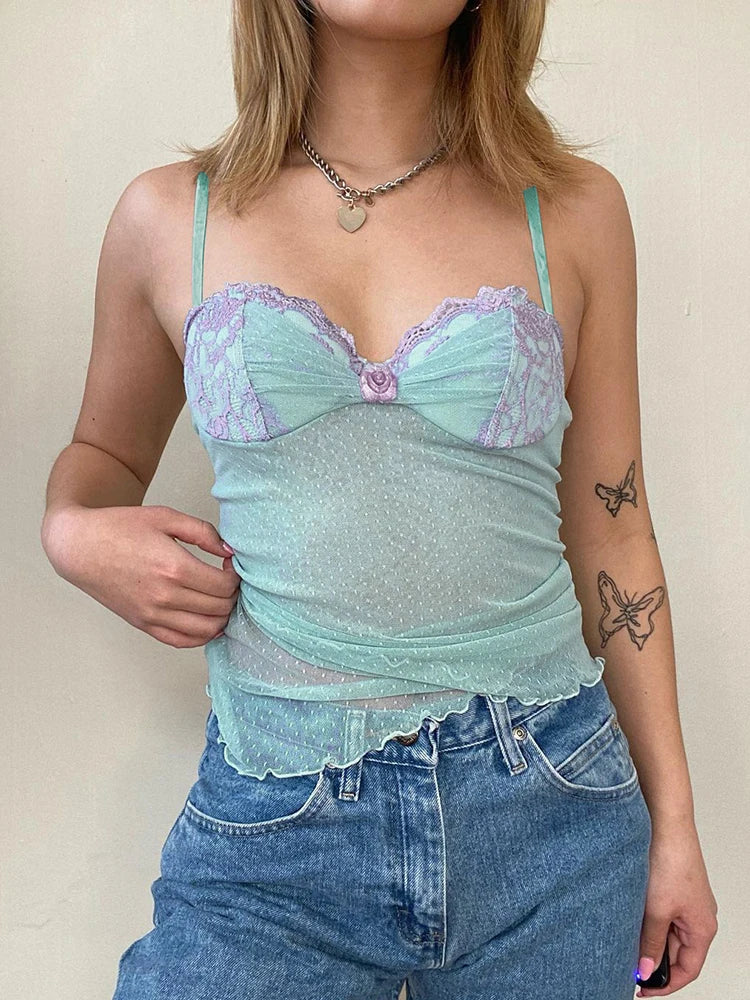 Voguable   Dot Print Lace Corset Women Flower Appliques Milkmaid Sexy See Through Crop Top Y2K Camis Transparent Aesthetic Tanks voguable