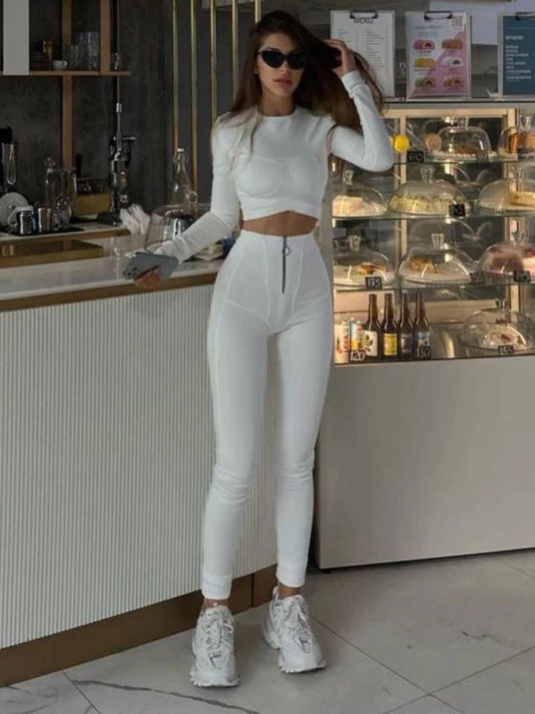 Autumn/Winter Long sleeved Pants Tight Zipper Two Piece Crop top Women Elastic Casual Fashion Set Female Street Clothing voguable