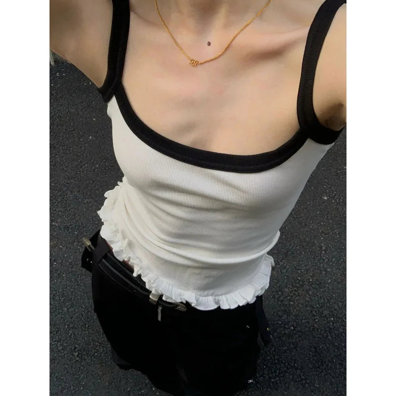 Voguable  Balletcore Sweet Women White Camisole Kawaii Ruffled Crop Tops Coquette Cute Sexy Tank Tops Korean Fairy Streetwear voguable