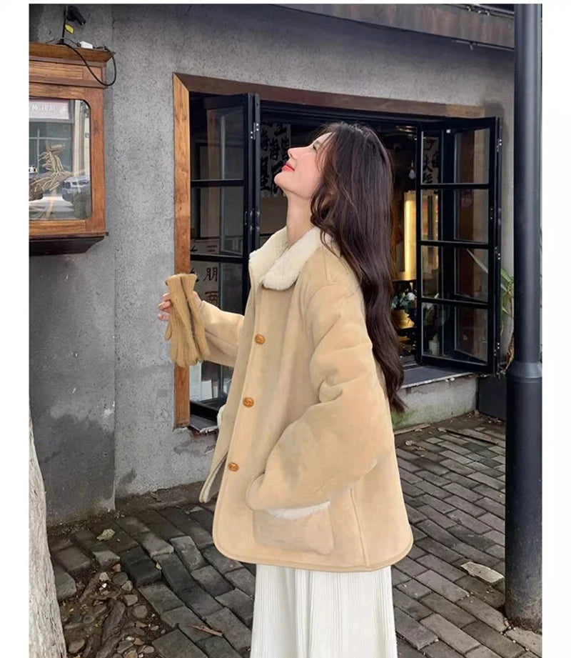 Women Faux Lamb Suede Jacket Winter Warm Long Sleeve Sweet Cotton Coat Korean Pockets Female Thick Vintage Outwear Tops voguable