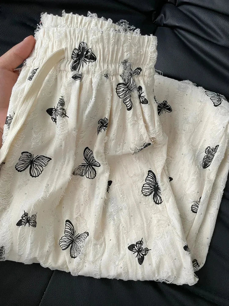 High Waist Wide Leg Pants Women Summer Loose Butterfly Print Female Casual Pants Y2K Korean Drawstring Floor Length Trousers voguable