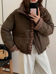 Winter Retro Puffy Parkas Women Warm Thick Plaid Patchwork Cute Coat Casual Preppy Style Korean Long Sleeve Cotton Jackets voguable