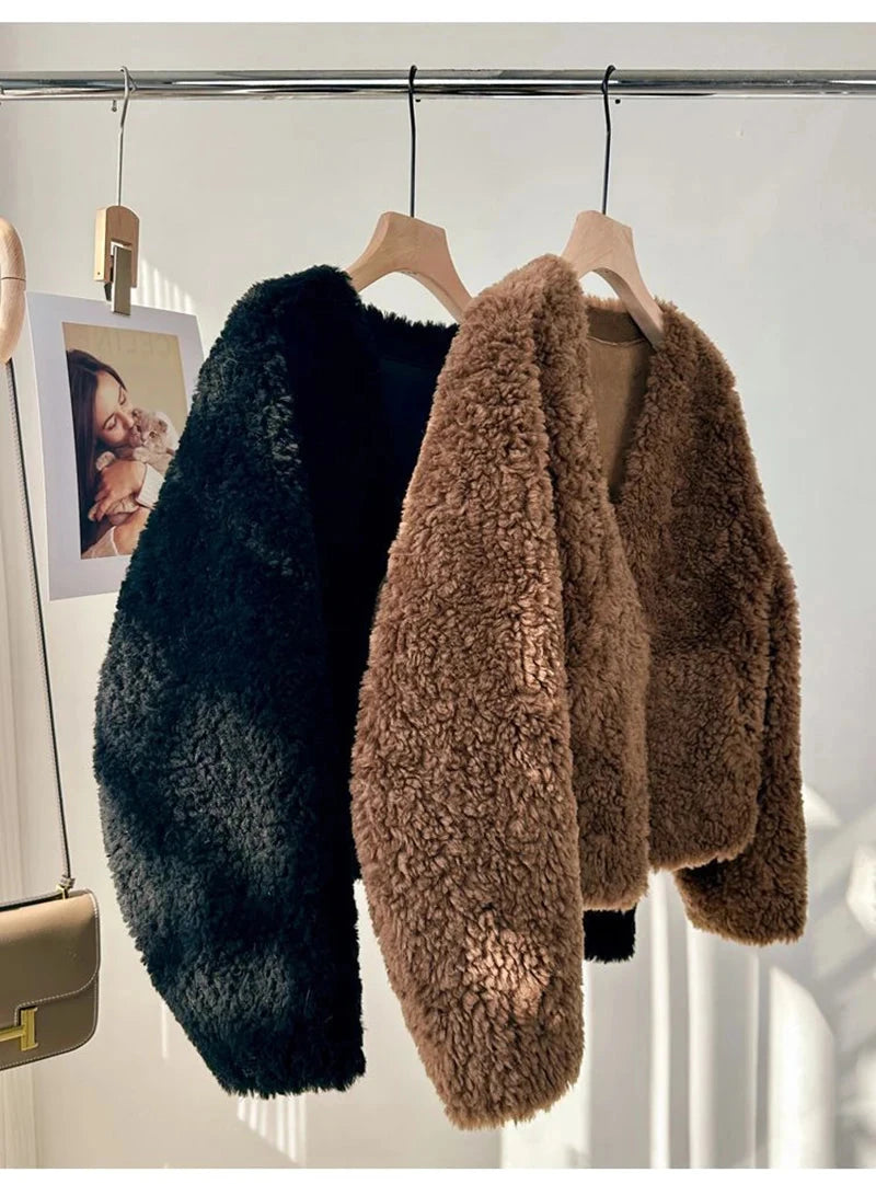 Winter Vintage Women Faux Lamb Coat Warm Soft Long Sleeve V Neck Sweet Jacket Retro Simple Solid Korean Female Preppy Style Tops voguable