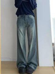 Women Streetwear Striped Jeans Vintage High Waist Design Y2K Denim Pant Casual American Hip Hop Harajuku Wide Leg Trousers Fall voguable