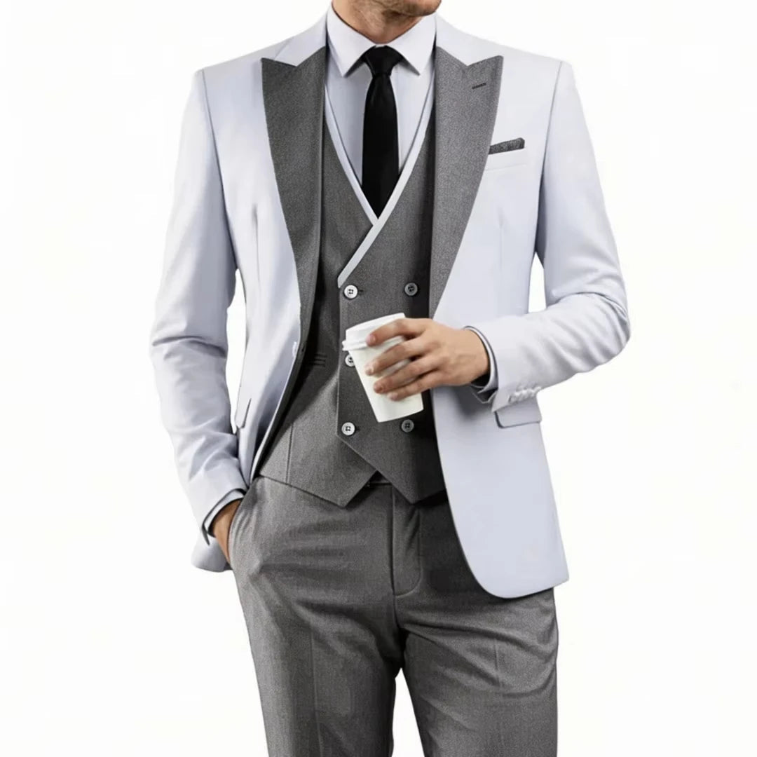 Voguable  Men Suit Sky Blue White 3 Pieces With Lapel For Wedding Groom Party Prom Birthday Banquet Business Work Set Jacket Vest Pant voguable