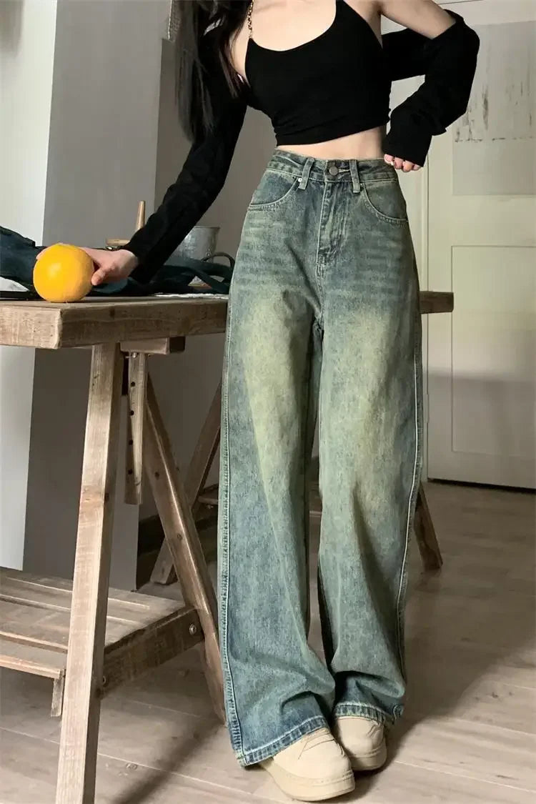 Vintage High-waisted Slimming Jeans American Style Casual Bell Bottoms Versatile Straight-leg Long Pants For Women voguable