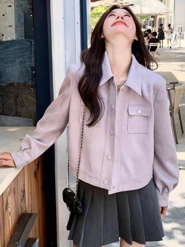 Purple Sweet Faux Suede Jacket Women Casual Vintage Korean Long Sleeve Coat Fall Winter Preppy Style Retro All Match Tops voguable