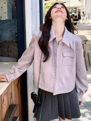 Purple Sweet Faux Suede Jacket Women Casual Vintage Korean Long Sleeve Coat Fall Winter Preppy Style Retro All Match Tops voguable
