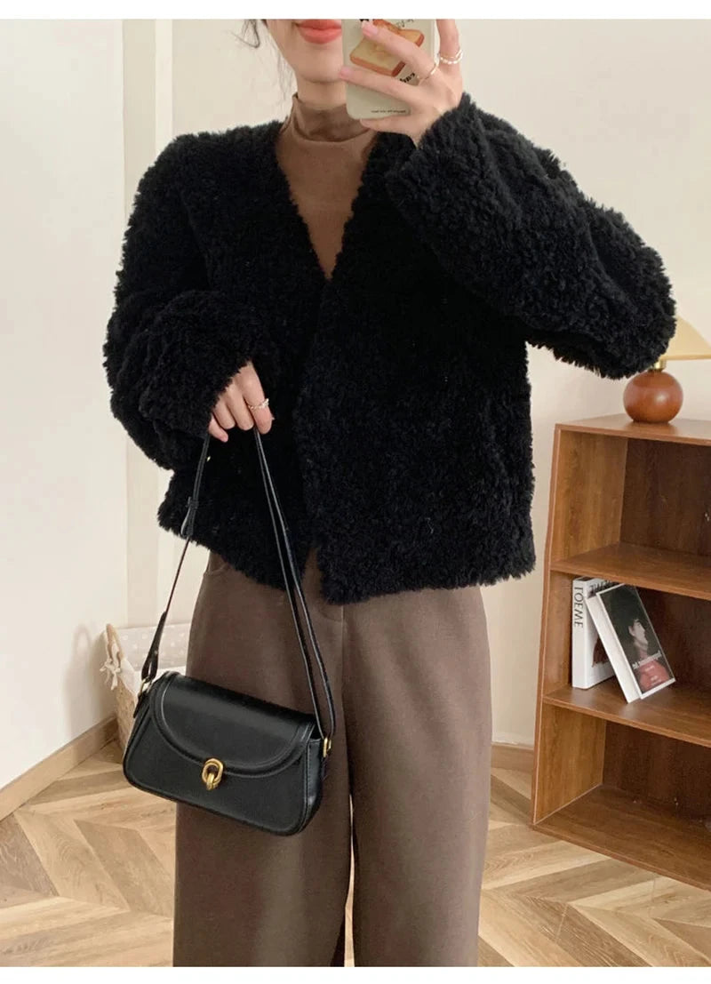 Winter Vintage Women Faux Lamb Coat Warm Soft Long Sleeve V Neck Sweet Jacket Retro Simple Solid Korean Female Preppy Style Tops voguable