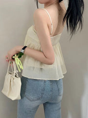 Voguable  Korean Style Sweet Fluffy Camis A-line Lace-up Double Layers Crop Top Y2K Aesthetic Tank Tops Holiday Cute Vest Women voguable