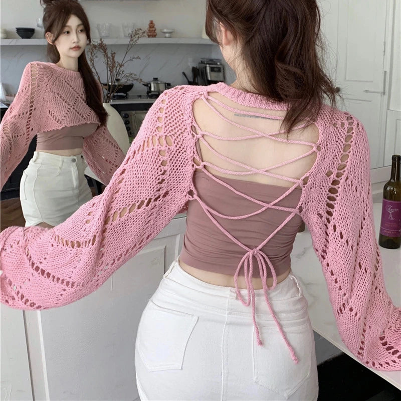 Voguable 2024 Summer New Korean Hollow Sexy Backless Lace-up Solid Color Long-sleeved Sweater Women + Basic Camisole Two-piece Suit voguable
