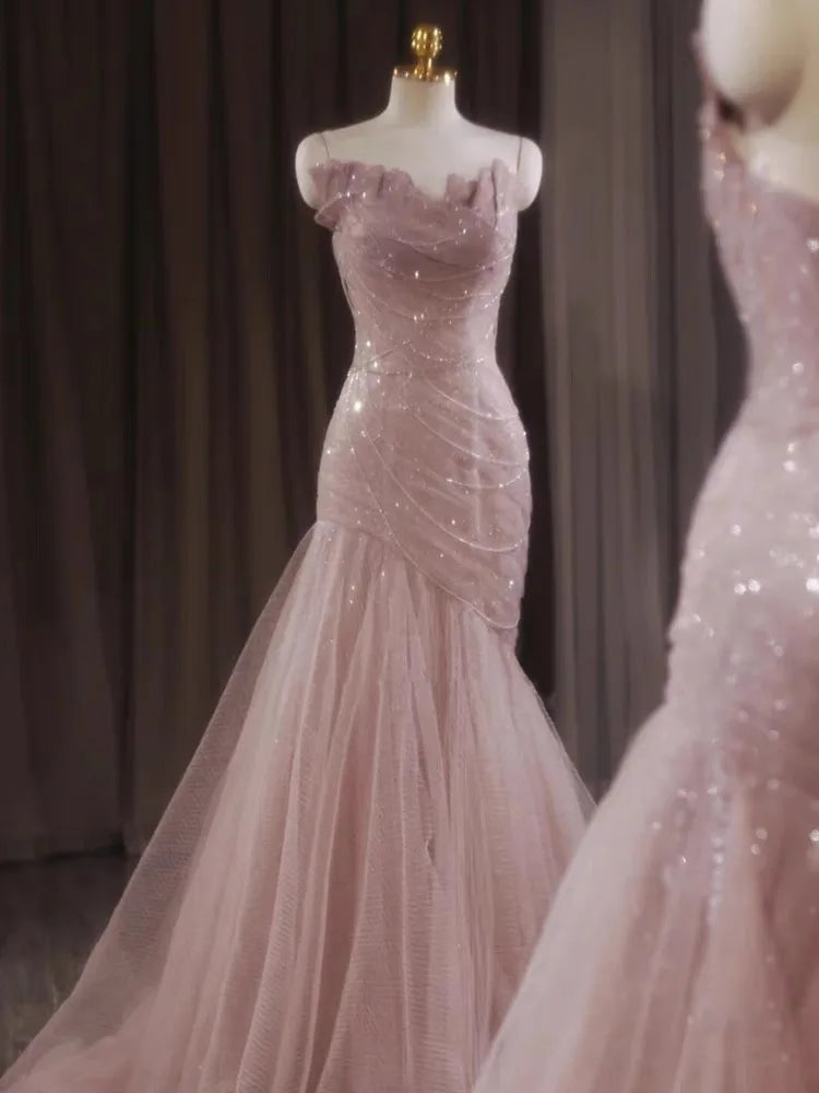 Voguable Rose Pink Mermaid Evening Dresses Pleat Asymmetry Chain Shiny Sequined Long Slim Fairy French Celebrity Prom Party Gowns Woman voguable