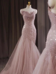 Voguable Rose Pink Mermaid Evening Dresses Pleat Asymmetry Chain Shiny Sequined Long Slim Fairy French Celebrity Prom Party Gowns Woman voguable