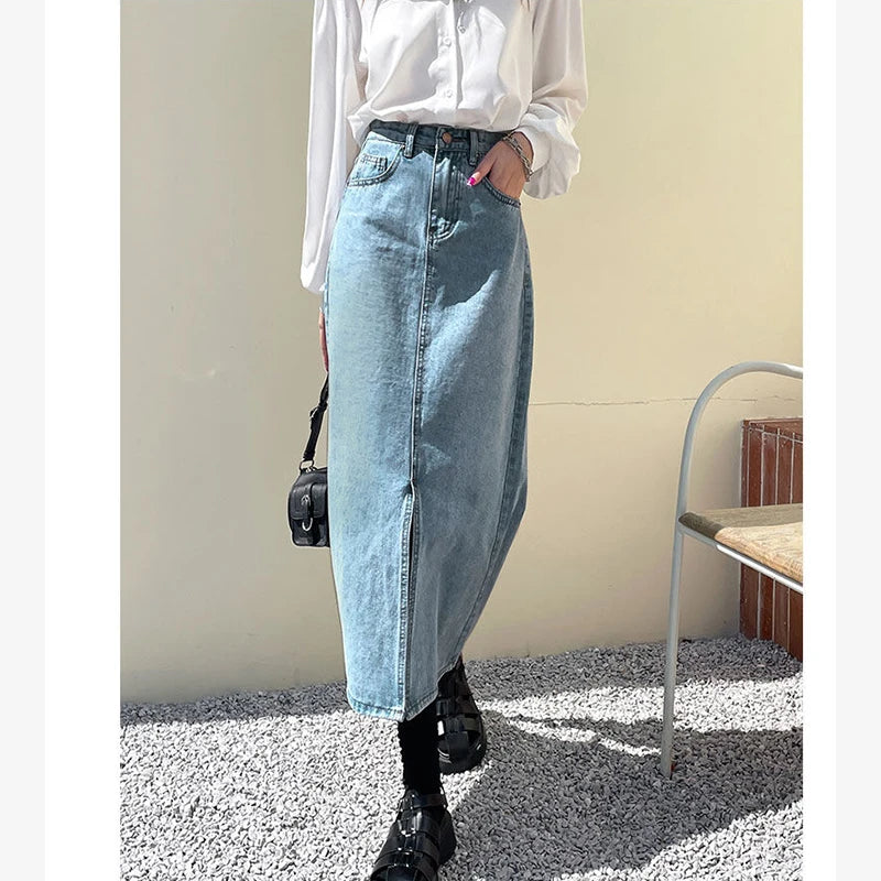 Vintage High Waist Women Denim Midi Skirt Summer Korean Thin Section Slit A Line Skirts Fashion Casual All Match Denim Skirts voguable